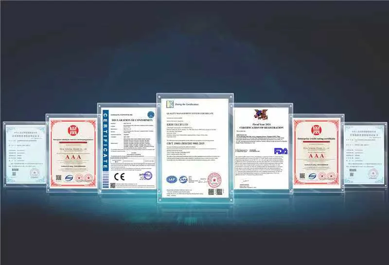 ERDI TECH LTD certification portfolio — ISO 9001:2015 quality management, CE declaration of conformity, FDA registration and Chinese enterprise credit certificates, displayed together