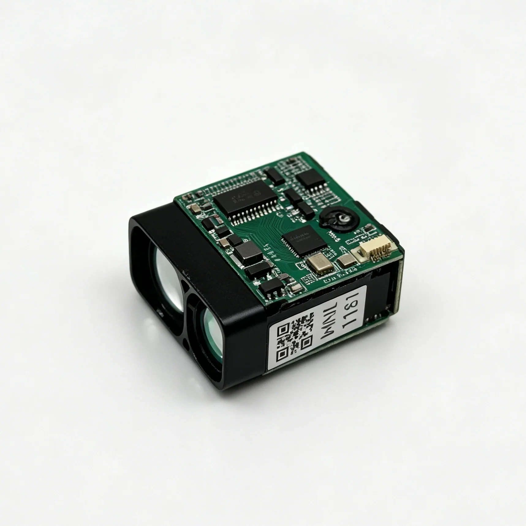 LRF3000A1 905 nm laser rangefinder module — dual optics and exposed circuit board on white